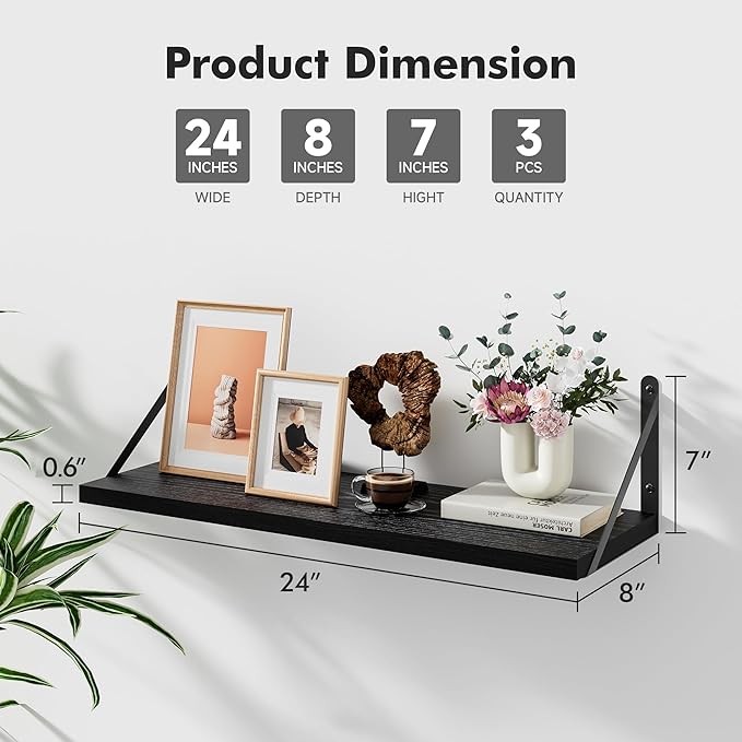 Floating Shelves for Wall, 24W x 8D Wide Bookshelf with Brackets Set of 3, Wood Wall Mounted Shelves for Living Room, Kitchen