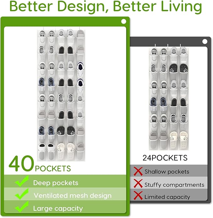 Unjumbly Over the Door Shoe Organizer with 40 Large Breathable Mesh Pockets, Space Saving Shoe Holder, Hanging Shoe Rack for 