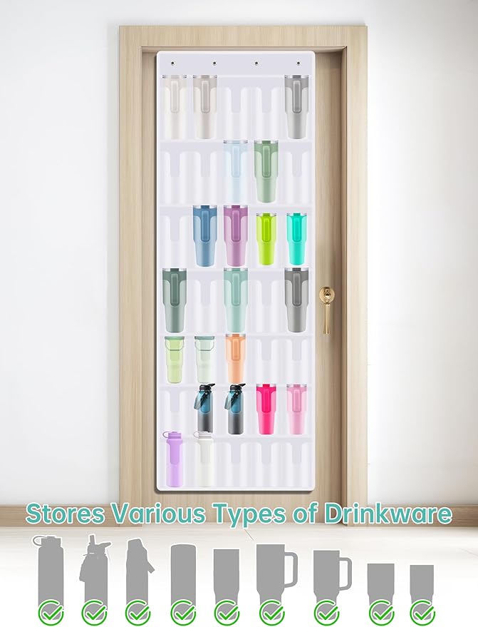 NiHome 35-Pocket Large Capacity Door Cup Organizer Fit for Stanley Tumblers 30oz, 40oz, Door Hanging Water Bottle Storage, Do