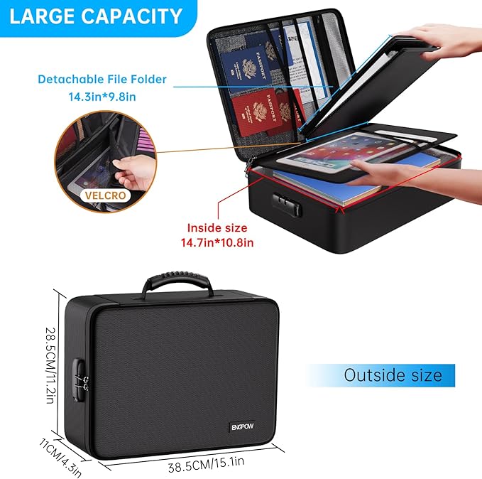 ENGPOW Fireproof File Organizer Bag with 13 Colorful Pockets Accordion File Folder,5200℉ Document Organizer Box with Lock&Lab