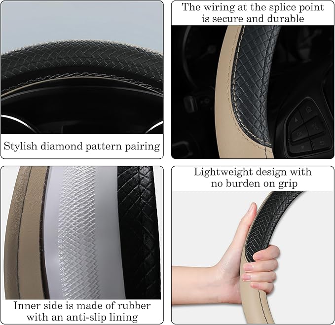 Black & Beige Car Steering Wheel Cover, Microfiber, Leather Patchwork, Universal 14.5-15 Inch Leather Anti-Slip Breathable Au