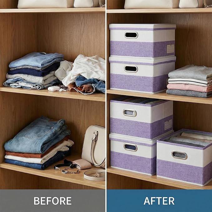 PRANDOM Storage Bins with Lids [3-Pack] Linen Fabric Foldable Storage Boxes Organizer Containers Baskets Cube with Cover for 
