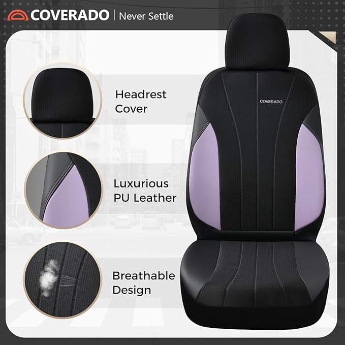 Coverado Car Seat Covers Full Set, Automotive Seat Covers 5-piece, Leather Car Protectors 5 Seats, Purple Auto Seat Covers Sp