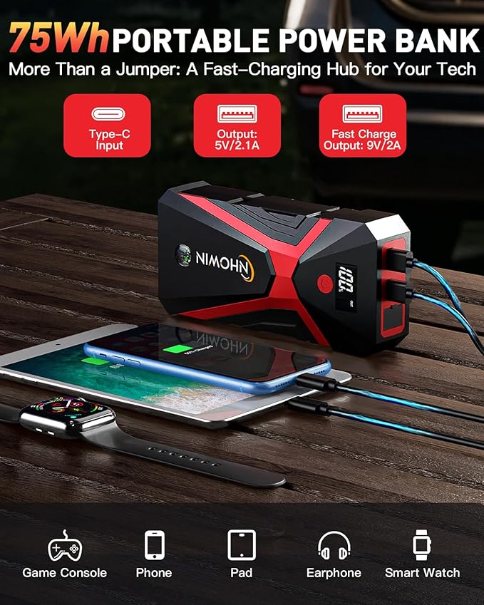 Battery Jumper Starter Portable, 4000A 4 in 1 Function Jump Starter Up to 7.5L Gas & 5.0L Diesel Engines 12V Jump Box