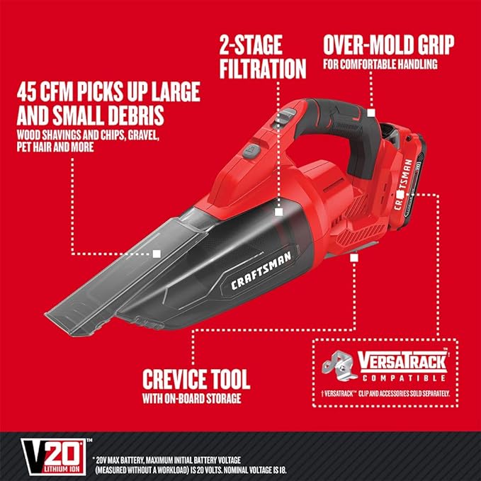 CRAFTSMAN V20 Cordless Hand Vacuum, 45 CFM, 2 Stage Filtration System with Filter, Battery and Charger Included (CMCVH001C1)