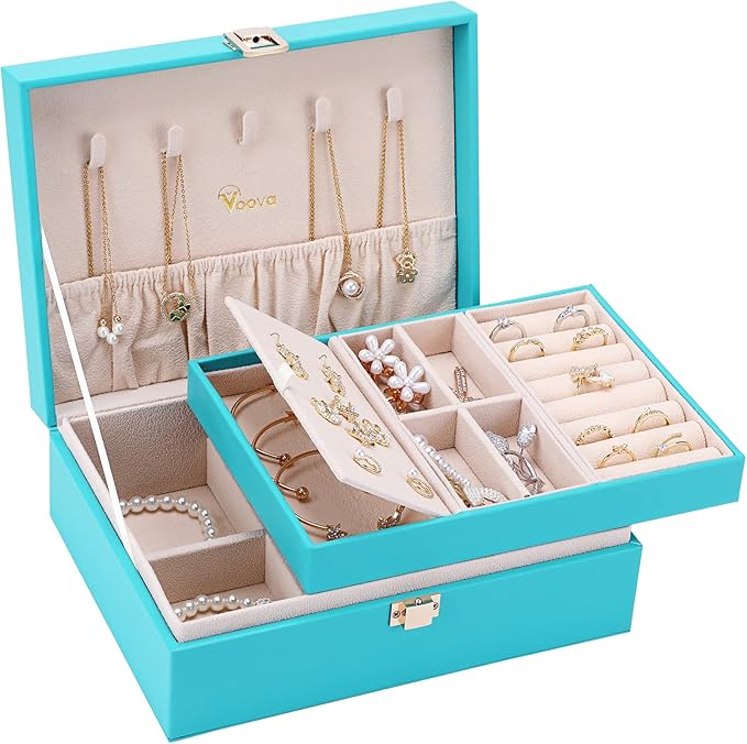 Voova Jewelry Box Organizer for Women Girls, 2 Layer Large Men Jewelry Storage Case, PU Leather Display Jewellery Holder with