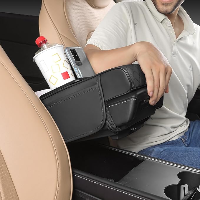 FREESOO Car Center Console Cover, Leather Armrest Cover for Car, Universal Middle Console Cushion with Storage Box, Cup Holder, Tissue Box & Phone Slot, Luxury Waterproof Interior Accessories, Black