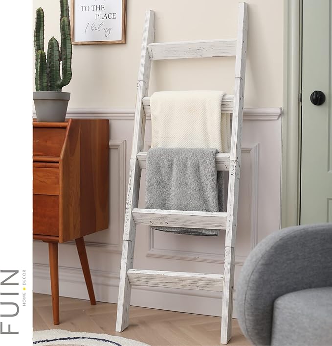 FUIN 5ft Wood Blanket Ladder Living Room Decorative Wall Leaning Farmhouse Quilt Display Holder Storage Wooden Towel Rack for
