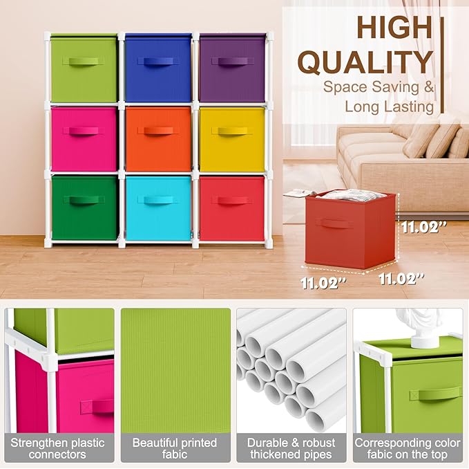 9 Cube Storage Organizer with Shelf Back to School Boxes 11 Inch Toy Storage Bins Closet Organizers Drawers Fabric Dresser fo