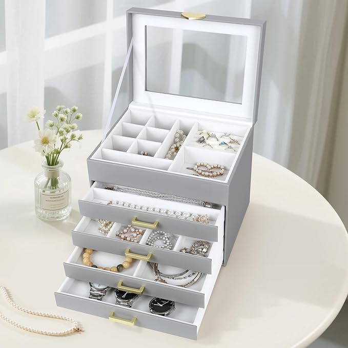 Kendal Jewelry Box, 5-Layer Jewelry Organizer Box with Glass Lid, Gray, Heart Shaped PU Leather, Storage Box for Necklace Ear