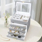Kendal Jewelry Box, 5-Layer Jewelry Organizer Box with Glass Lid, Gray, Heart Shaped PU Leather, Storage Box for Necklace Ear