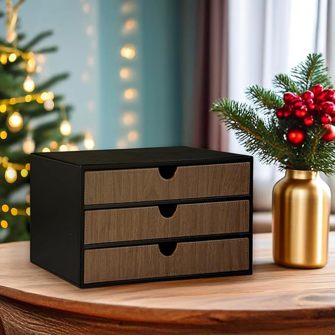 UnionBasic Document Organizer, 3-Drawer File Cabinet Document Storage Box, Office Desktop Filing Organizer, Black with Wood G