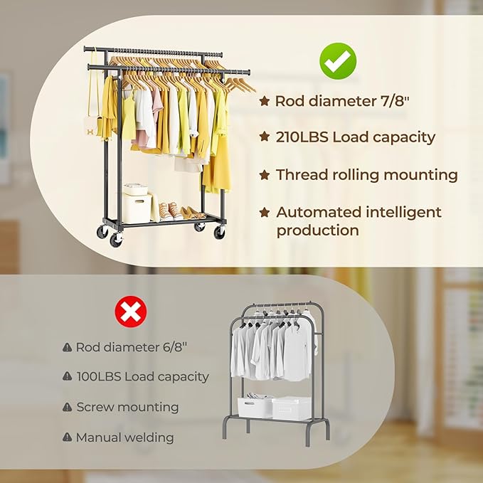 HYSEYY Double Rods Clothes Rack, Rolling Clothing Rack for Hanging Clothes Portable Wardrobe Rack, Metal Garment Rack Sturdy 
