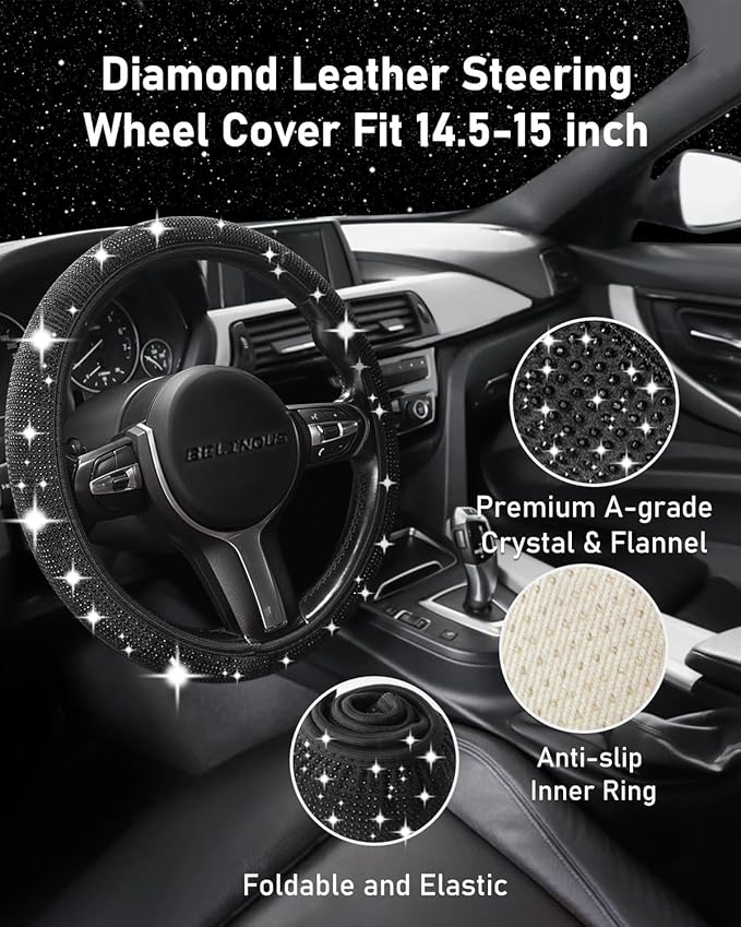 Belinous 27 PCs Bling Car Accessories for Women, Girl Car Accessories for Interior, Bling Steering Wheel Cover 14.5-15in, Bling License Plate Frame, Bling Phone Holder, Cup Coasters (Black Diamond)
