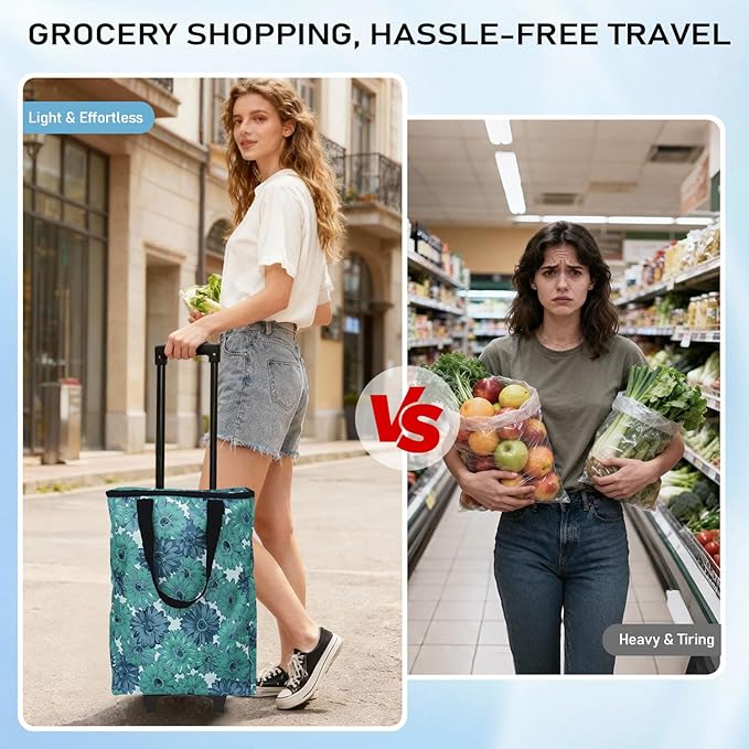 Small Shopping Cart with Wheels, Rolling Shopping Bag, Collapsible Grocery Cart, Portable Foldable Shopping Trolley Pull Handle, Small Folding Trolley Cart, Rolling Tote for Travel, Camping (Green)