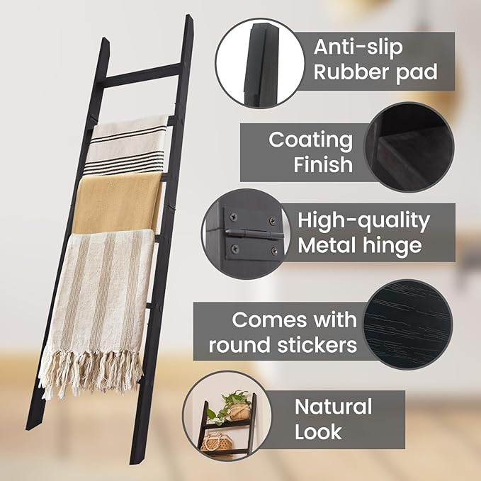 6-Tier Blanket Ladder – 5.5 Ft Wall Leaning Quilt Rack, Farmhouse Blanket Storage for Living Room, Bedroom & Bathroom – Rusti