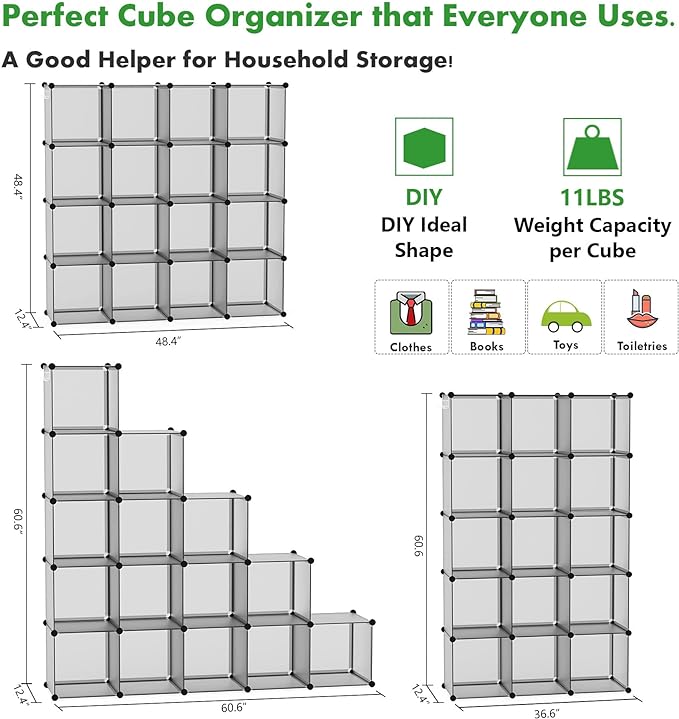 C&AHOME 16-Cube Storage Organizer, Plastic Shelves Units, DIY Closet Organizer, Modular Shelves Ideal for Home, Bedroom, 48.4