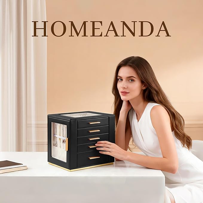Homeanda Jewelry Box for Women with Glass Lid, 5 Drawers Jewelry Organizer and Storage for Necklaces, Rings, Earrings, Bracel