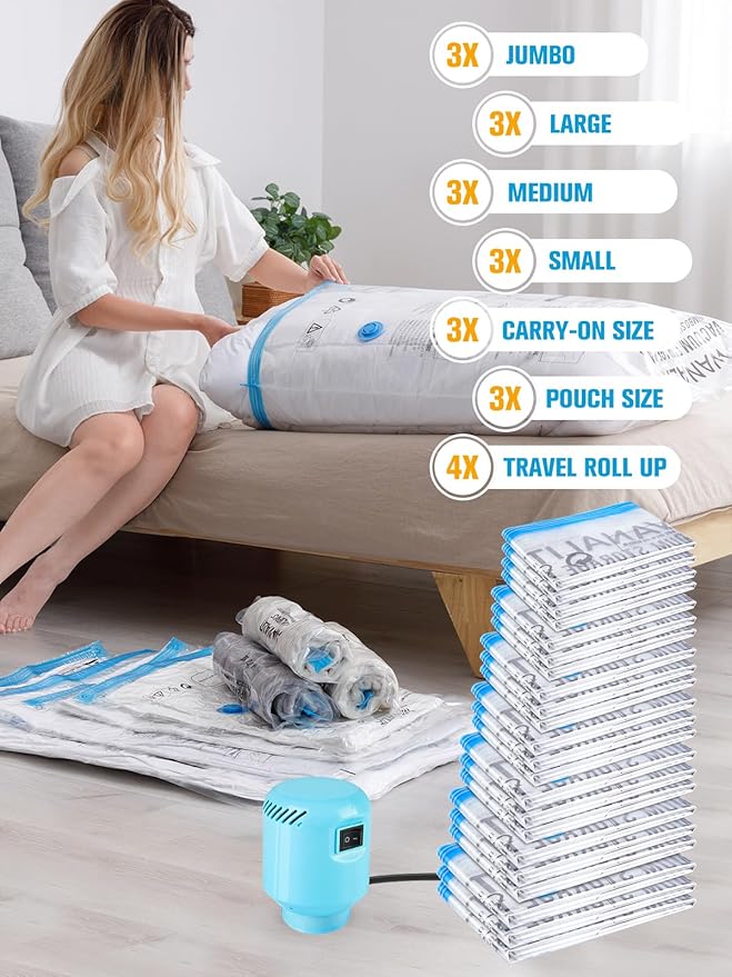 Vacuum Storage Bags with Electric Pump, New Air Valve Combo 22 Pack Compression Bag, Space Saving Vacuum Sealer Bag for Cloth