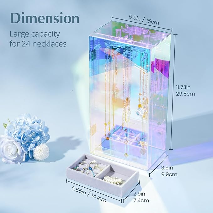 Lolalet Necklace Holder Organizer, Acrylic Jewelry Organizer with 24 Hooks, Rotating Clear Necklaces Display Box with Built-i