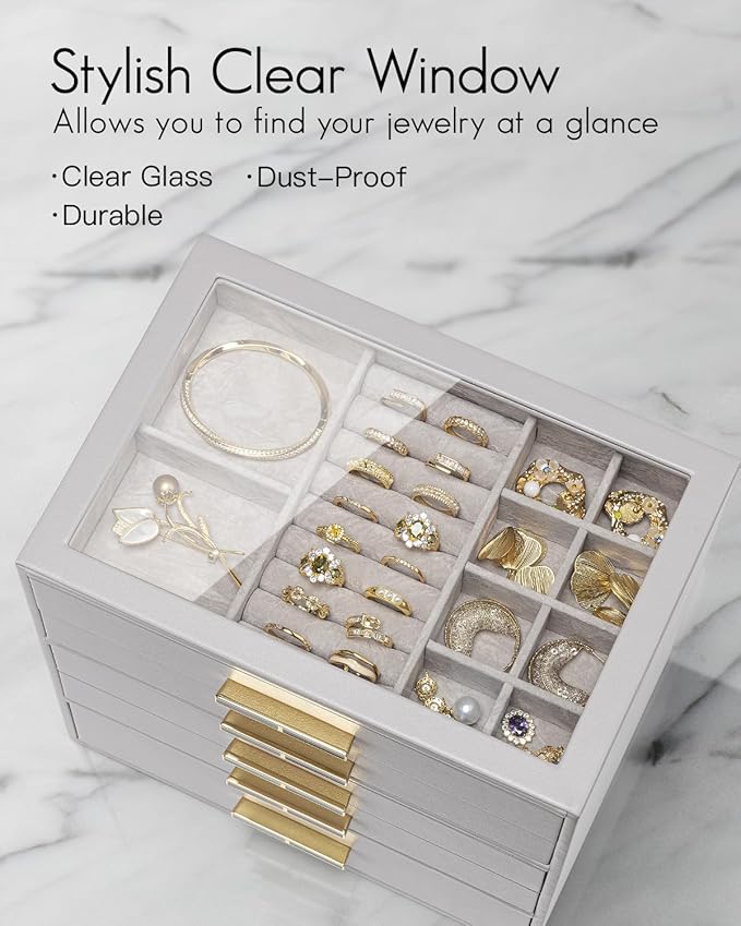 Vlando 5 Layer Jewelry Box for Women, Glass Lid Jewelry Organizer with 5 Drawers for Necklaces Rings Earrings Bracelets - Gre
