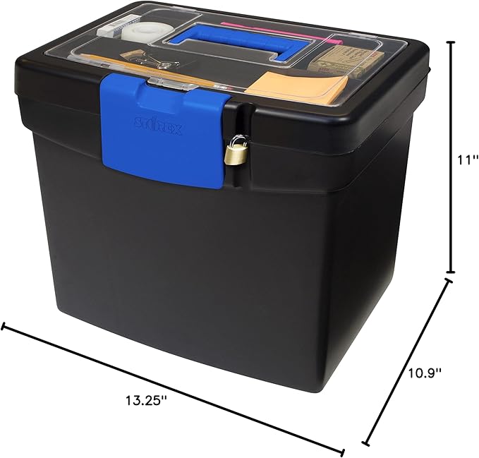 Storex Portable File Box, with Lockable XL Supply Storage Lid and Carry Handle, Black/Blue, 10.9 x 11 x 13.25 Inches, 2-Pack 