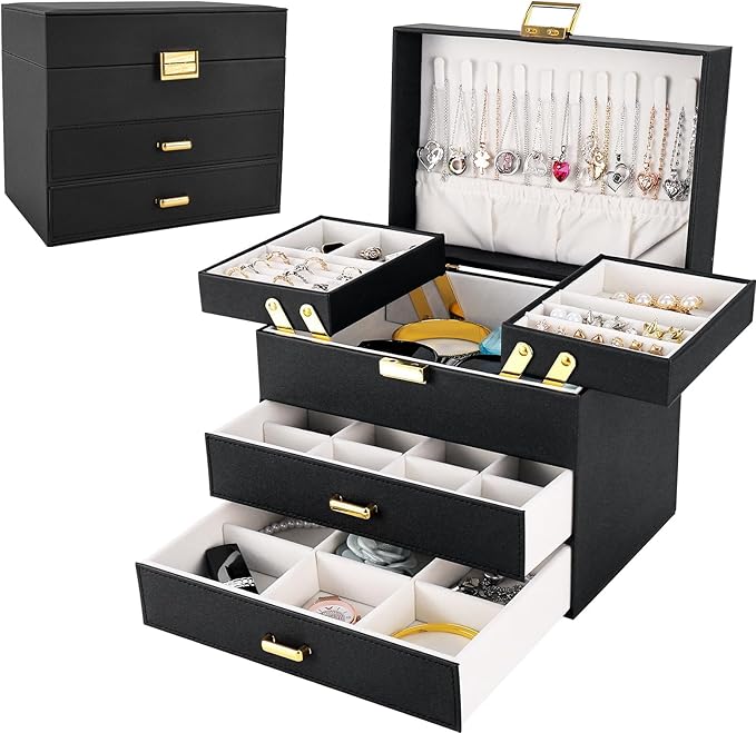 Dajasan Jewelry Organizer Box, Large Jewelry Boxes for Women Girls, Space-Saving 4 Layers Jewelry Storage Case with Drawer, M