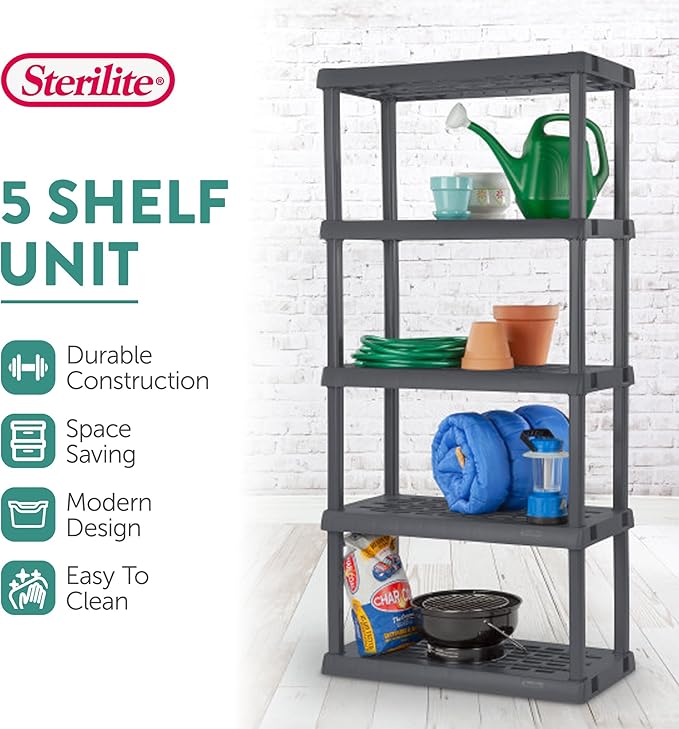 Sterilite 2-Pack 5 Shelf Unit, Heavy-Duty Shelving Storage Rack for Home and Garage, Gray - Multipurpose Plastic Organizer Sh