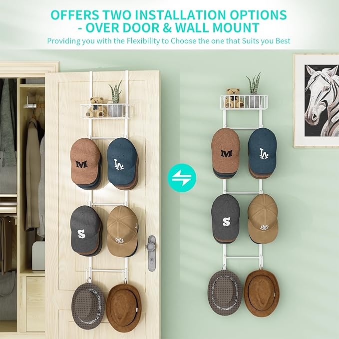 HapiRm Over Door Hat Rack - Wall Mounted Hat Holder with 6 Hooks and Metal Basket Design, Baseball Cap Organizer Storage Up t