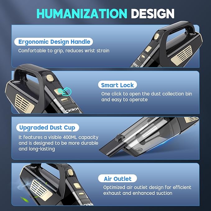 Handheld Vacuum Cordless, 15000PA Strong Suction Hand Held Car Vacuum Cleaner Portable with Multi-Nozzles & Washable Filter, 