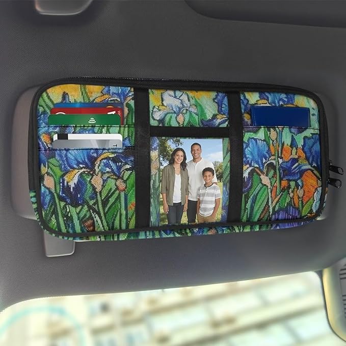 Irises Car Sun Visor Organizer Storage Card Holder Car Storage Bag, Zipper Auto Sunshade Organizer Bag Auto Interior Accessories Truck SUV Storage Pouch Holder