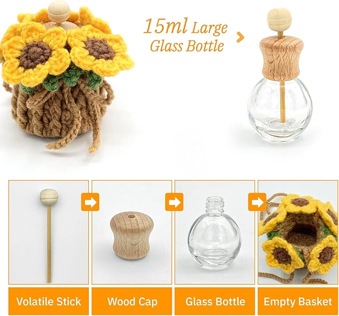 Crochet Car Air Freshener, 15ml Empty Refillable Oil Diffuser Bottle with Hanging Crochet Sunflower for Car Rearview Mirror D
