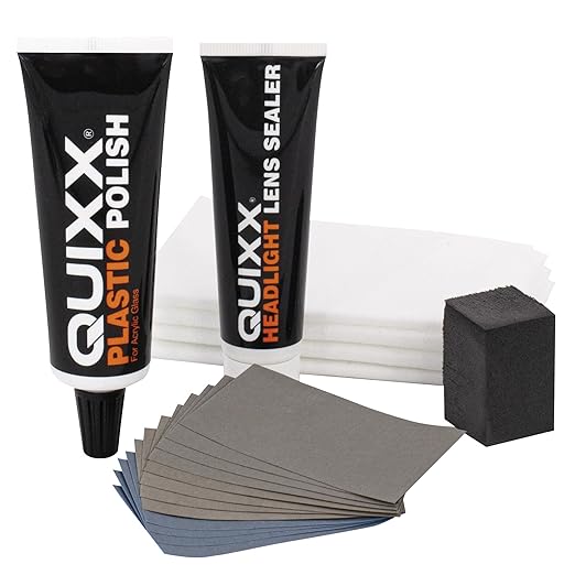 QUIXX QHRK1 Reliable Headlight Restoration Kit, Includes 50g Headlight Polish, 30ml Sealing, Sanding & Polishing Block, 12 Abrasive Papers and 4 Polish Cloths, Can Save a Vehicle from an MOT Failure, Increase Safety