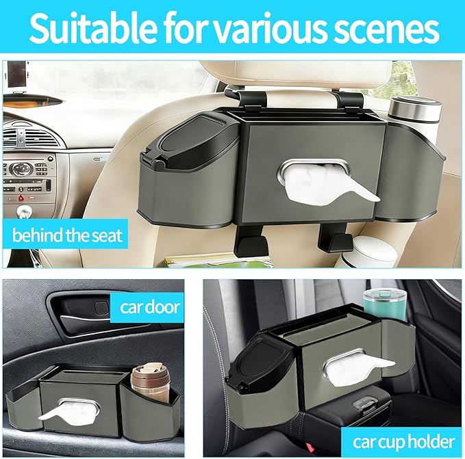 7-In-1 Multifunctional Car Seat Back Organizer with Cup Holders, Tissue Box, Garbage Can & Hooks, Headrest Storage & Cup Holder for Backseat (Grey)