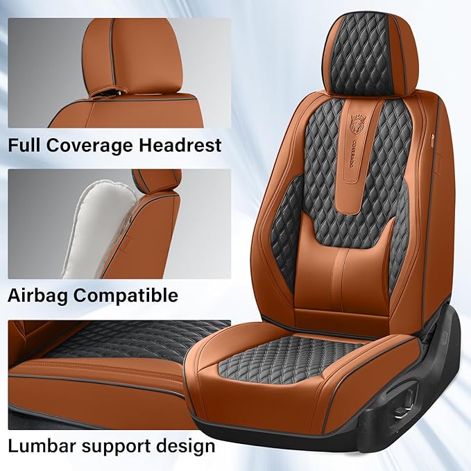 Coverado Car Seat Covers Full Set, Nappa Leather Seat Covers for Car, Waterproof Car Seat Protector with Lumbar Support, Auto