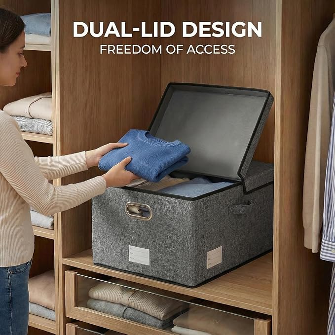 PRANDOM Storage Bins with Lids [3-Pack] Linen Fabric Foldable Storage Boxes Organizer Containers Baskets Cube with Cover for 