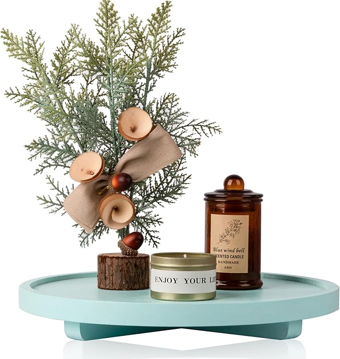 Round Decorative Tray Wood Bathroom Counter Organizer Farmhouse Kitchen Decor Wooden Riser for Soap Dish, Perfume, Candle, Sp