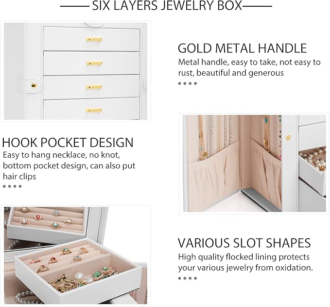 AKOZLIN Large Jewelry Box Organizer Functional with Big Mirror, Leather Jewelry Storage Case for Women Girls Ring Necklace Ea