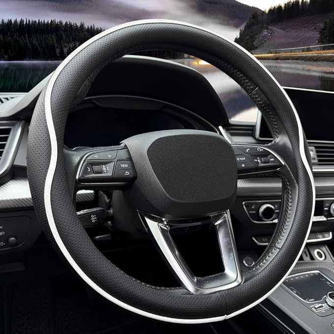 HAOTULE Leather Steering Wheel Cover， with Anti-Slip Stripe Design - Enhanced Grip, Fashion Style, Safe, Non-Slip, Breathable