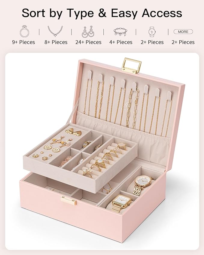 VLANDO 2 Layer Jewelry Box Large Jewelry Organizer for Mothers Day Mom Gifts Jewelery Tray with Watch Pillow for Necklace Ear