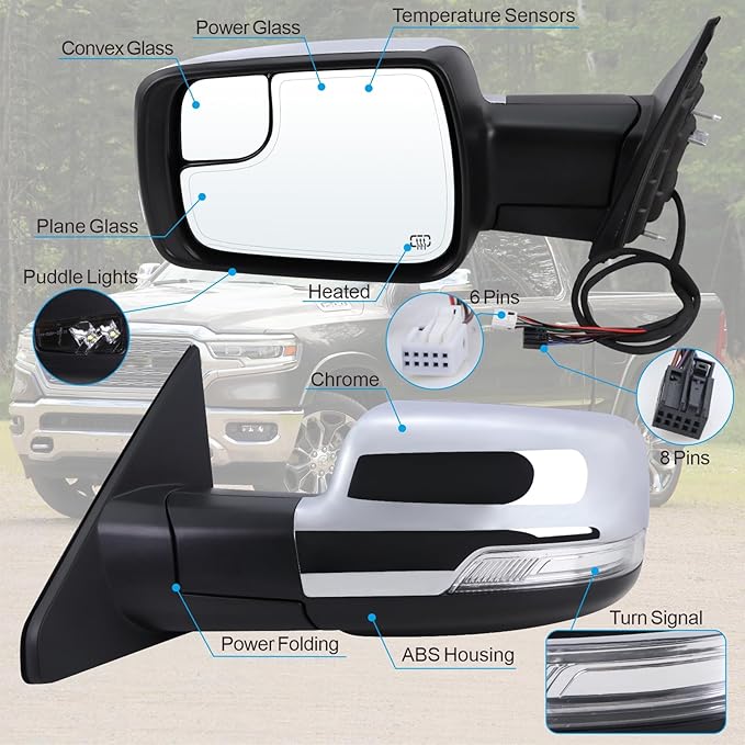 Left Driver Side Mirror Compatible With 2019 2020 2021 2022 2023 2024 2025 2026 Ram 1500 With Power Folding Heated Turn Signal Puddle Light Temperature Sensor Chrome Replace#68462769AB(8+6Pins)