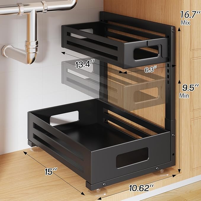 1 Pack Under Sink Organizer,Pull Out Cabinet Organizer with Smooth Cylindrical Rail,Metal Slide Out Drawer for Kitchen Bathro