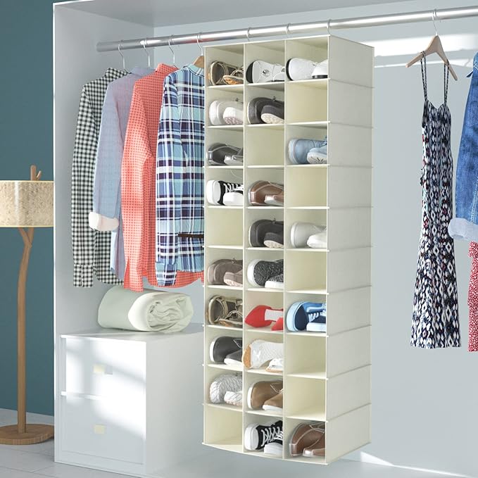Libeder Hanging Closet Organizers 30 Section Shoe Shelves, Shoe Storage Hanging Shoe Holder, Breathable No-wover Fabric for S