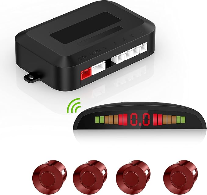 Wireless Parking Sensor, Reverse Radar System with 4 Car Backup Sensors, Wireless LED Distance Display with Sound Warning + 4 Flit Red Color Car Parking Sensor for Auto Vans RV Trailer