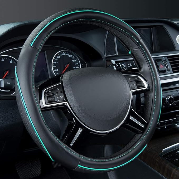 Car Pass Colour Piping Leather Universal Fit Steering Wheel Cover,Perfectly fit for 14.5-15 inches for Various Vehicles SUVs,