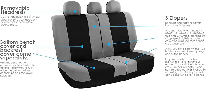FH Group 3 Row Set 7 Seater Light & Breezy Flat Cloth Car Seat Covers, Combo Steering Wheel Cover & Seat Belt Pads, Airbag an