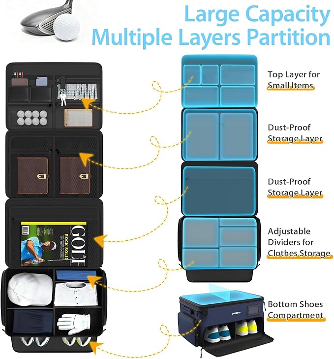 4-Layer Golf Trunk Organizer, Golfer Gifts for Men Women with Separate Ventilated Compartment for 2 Pairs Shoes, Waterproof