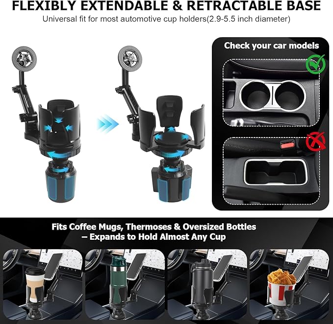 Frani Car Cup Holder Expander with Magnetic Phone Mount - Adjustable Insert Fits 2.68-4.33" Holders, 360° Gooseneck & Strong 