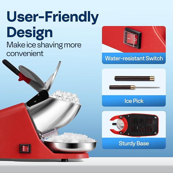 VIVOHOME Electric Ice Shaver Crusher Machine Snow Cone Maker Red 143lbs/hr with Ice Pick for Home and Commercial Use