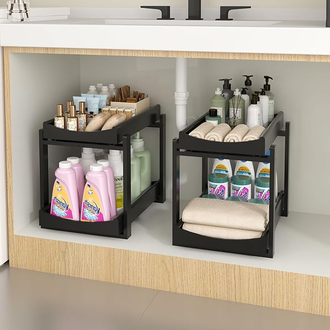 Bamboo Under Sink Organizer and Storage, 2 Pack Pull Out Cabinet Organization, 2 Tier Vertical Slide Out Undersink Storage Sh